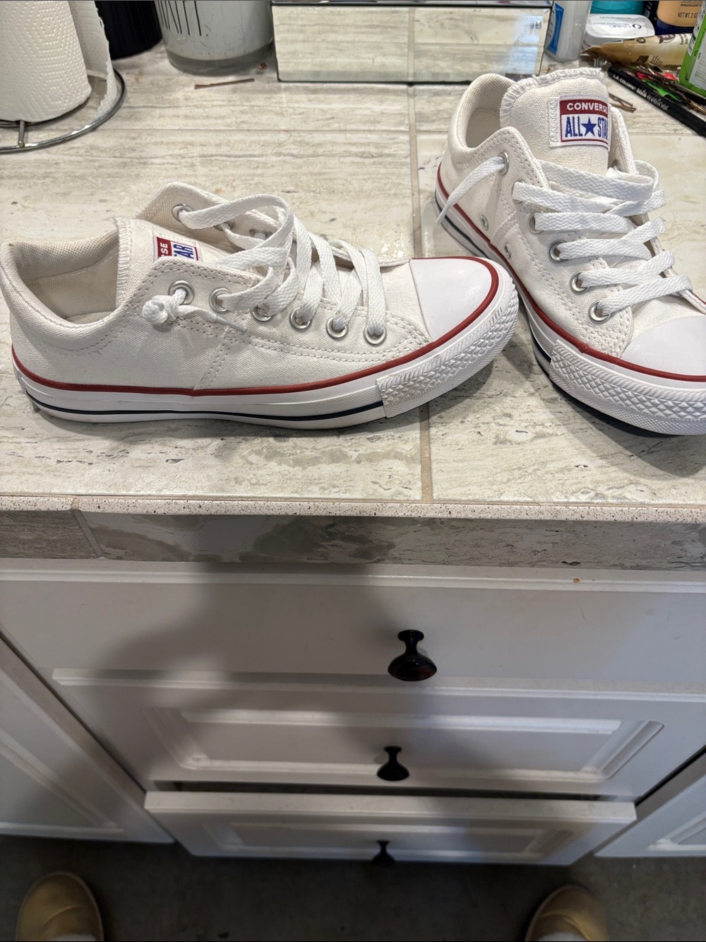 Converse Kids Low Top Canvas Sneakers in White with Red Stripe
